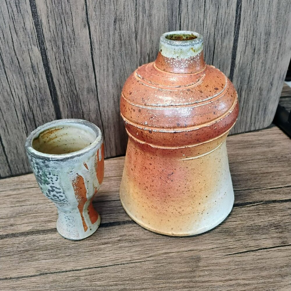 Hand Crafted Pottery Sake Bottle & Cup Set, Rustic Shino Glaze, Artist Signed